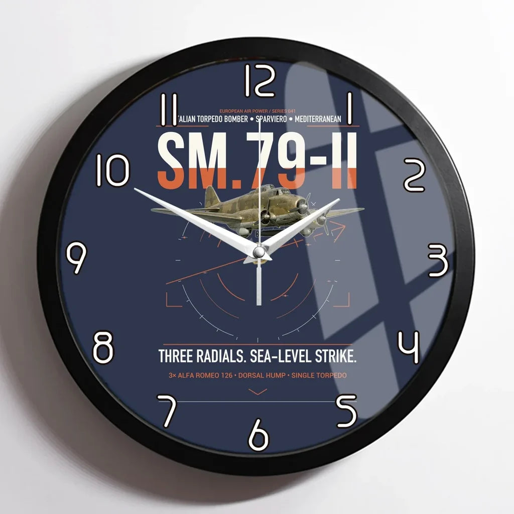 Savoia-Marchetti SM.79-II Sparviero design on navy blue framed wall clock