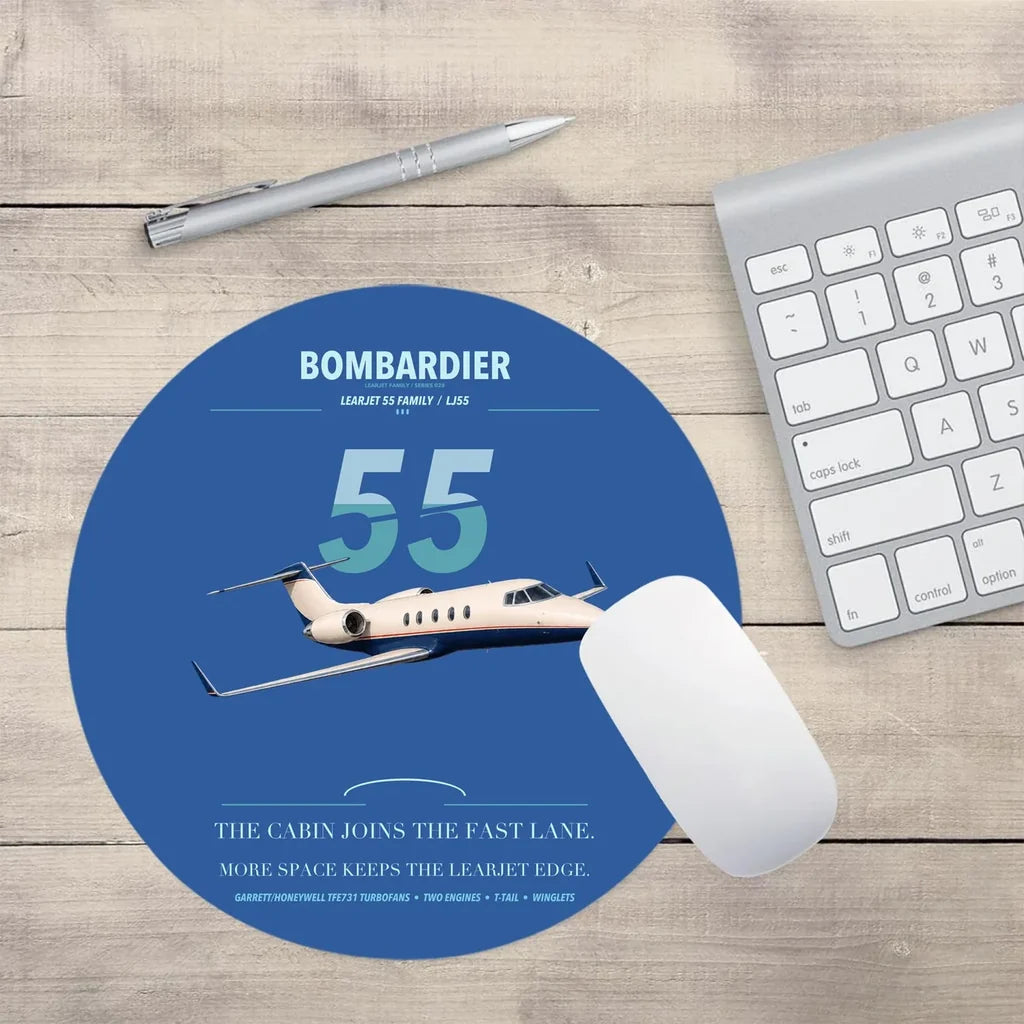 Bombardier Learjet 55 design on blue round mouse pad