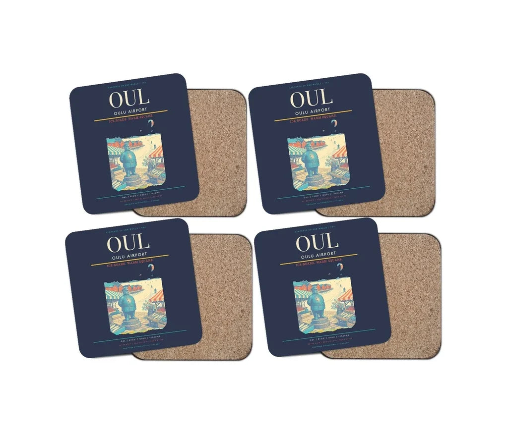 Oulu Airport (OUL) design on navy blue 4 pieces set coaster