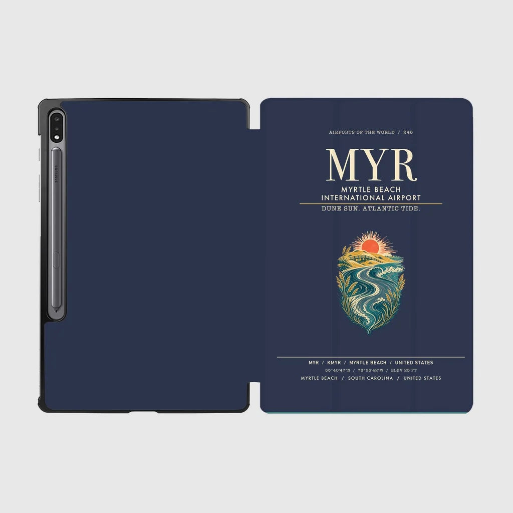 Myrtle Beach International Airport (MYR) design on navy blue samsung tablet tablet case