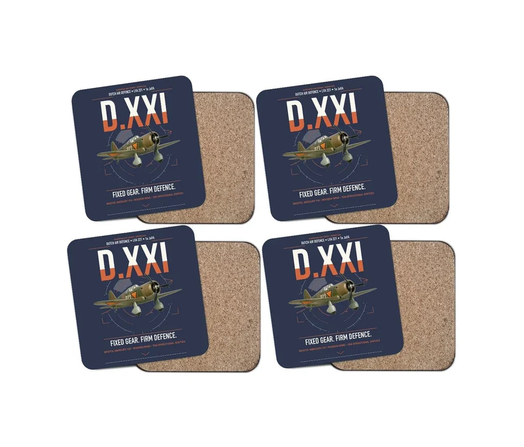 Fokker D.XXI — Dutch LVA aircraft 221 design on navy blue 4 pieces set coaster