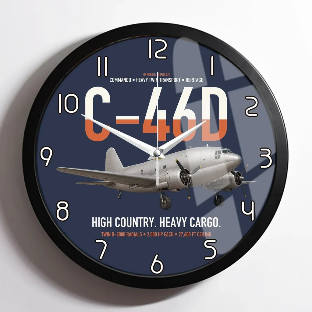 C-46D Commando design on navy blue framed wall clock