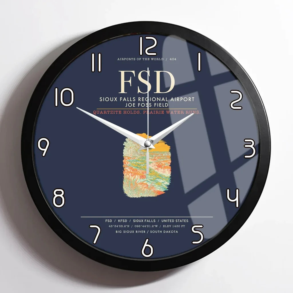 Sioux Falls Regional Airport Joe Foss Field (FSD) design on navy blue framed wall clock