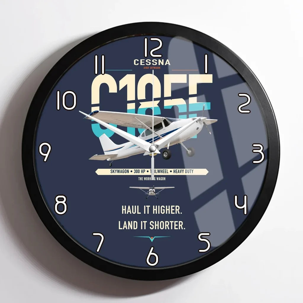 Cessna A185F Skywagon design on navy blue framed wall clock
