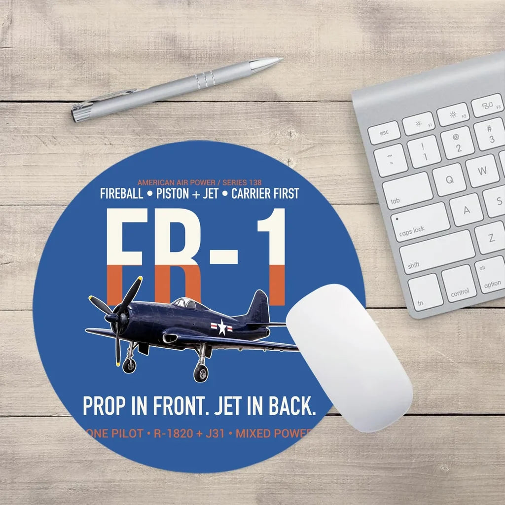 FR-1 Fireball Prop in Front Jet in Back design on blue round mouse pad