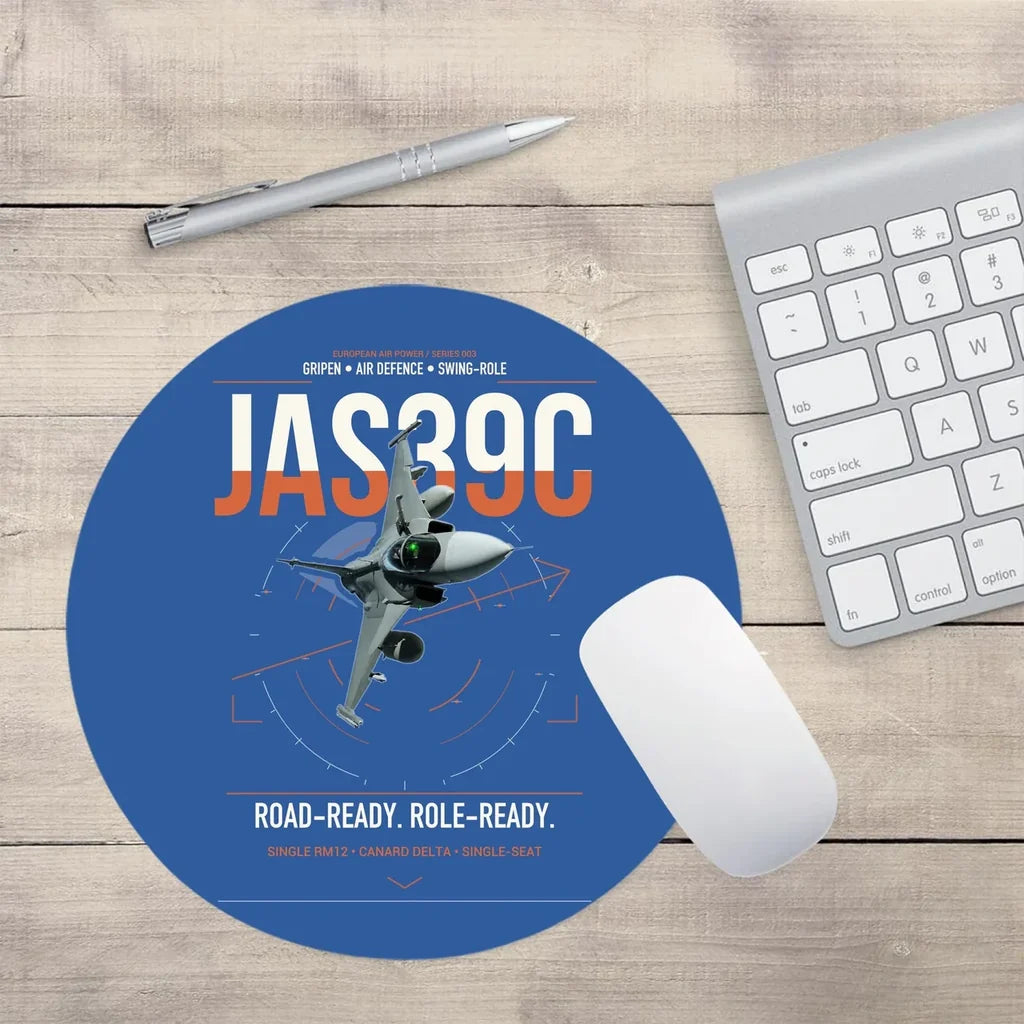 Saab JAS 39C Gripen design on blue round mouse pad