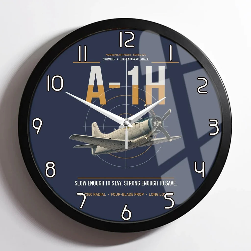 A-1H Skyraider design on navy blue framed wall clock
