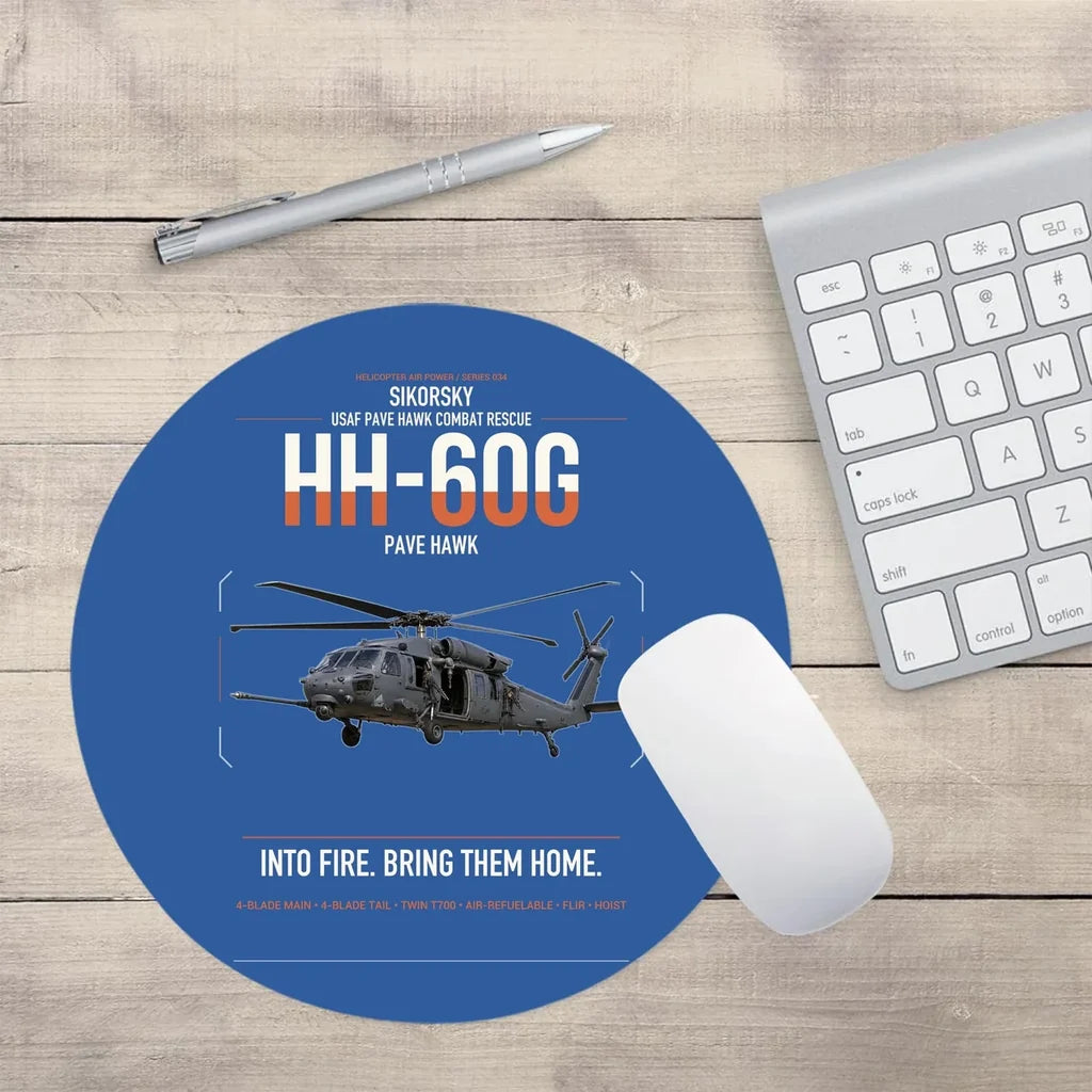 Sikorsky HH-60G Pave Hawk design on blue round mouse pad