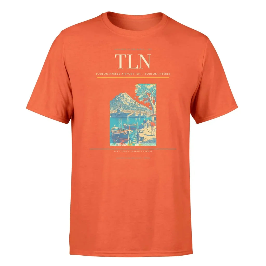 Toulon-Hyères Airport (TLN) T-Shirt single-side front print in Orange | toulon-hyères-airport-tln-double-side-t-shirt