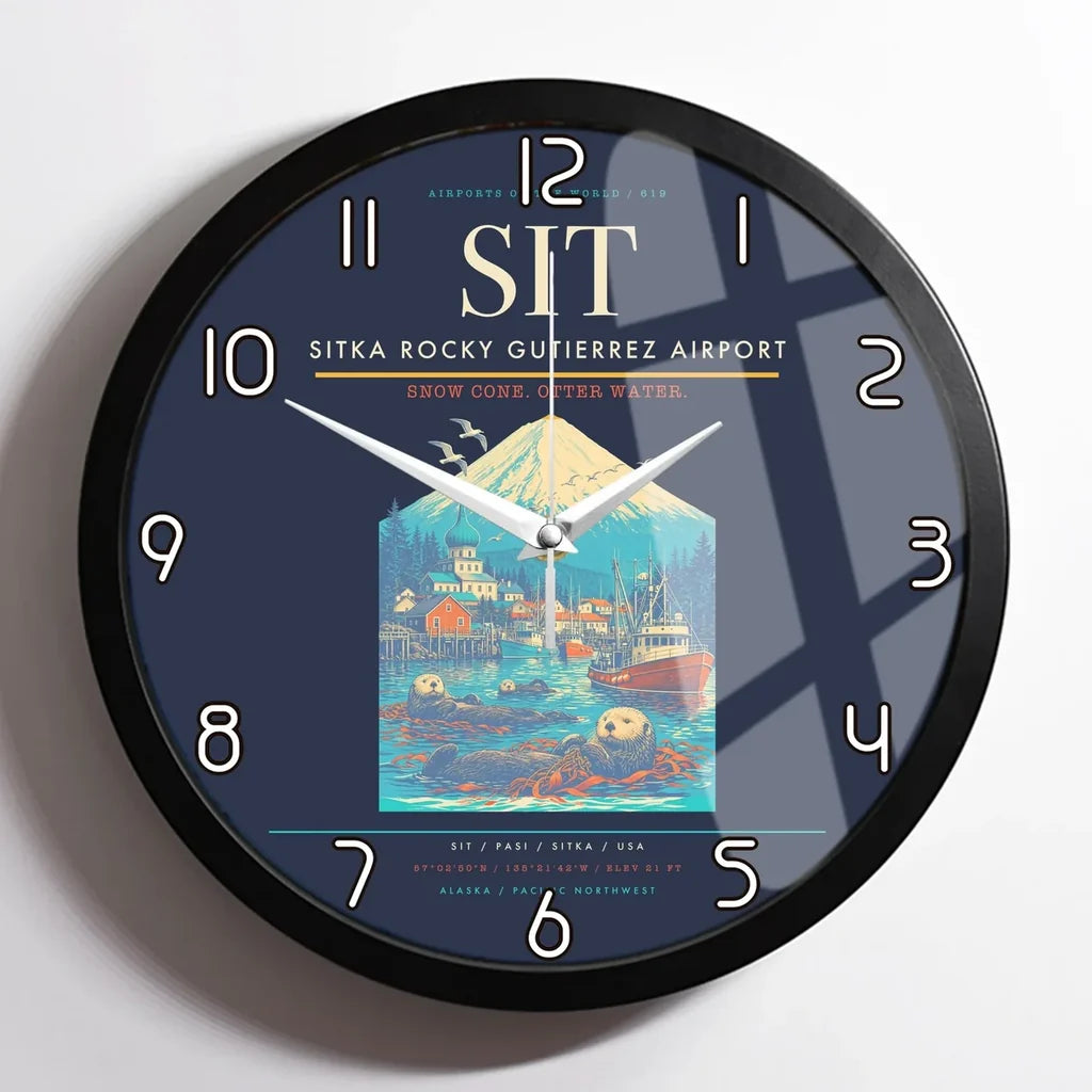 Sitka Rocky Gutierrez Airport (SIT) design on navy blue framed wall clock