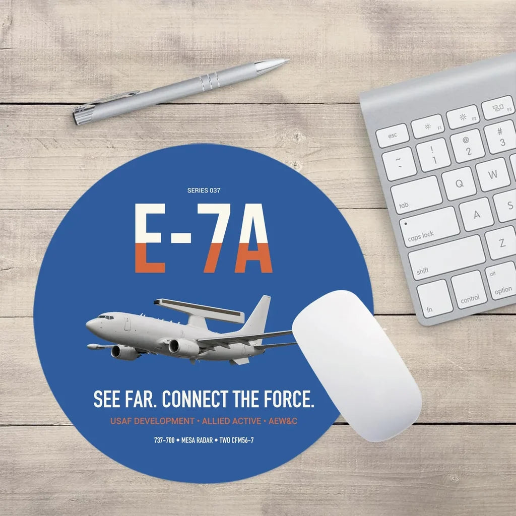 E-7A Wedgetail design on blue round mouse pad