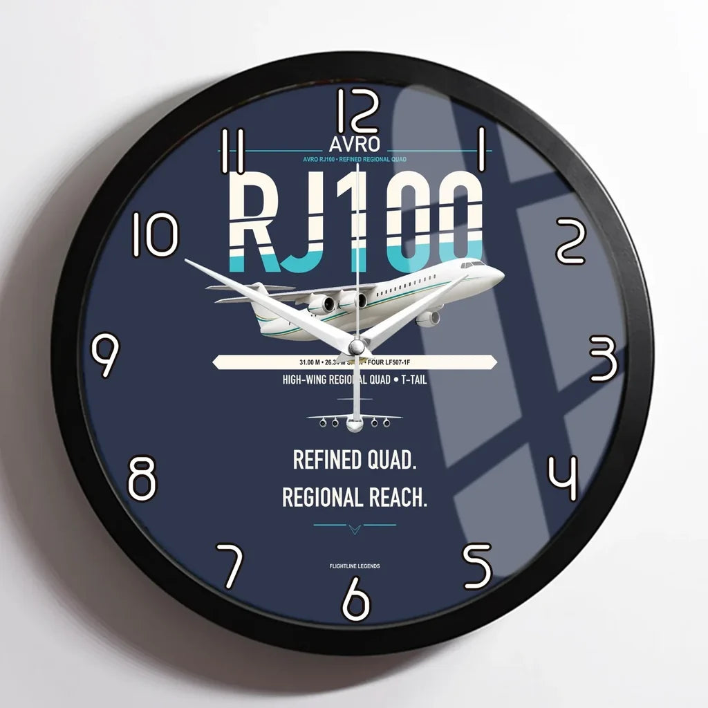 Avro RJ100 design on navy blue framed wall clock