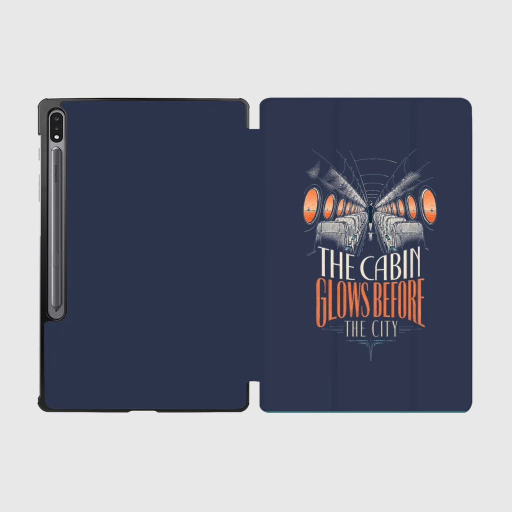 The Cabin Glows Before The City design on navy blue samsung tablet tablet case