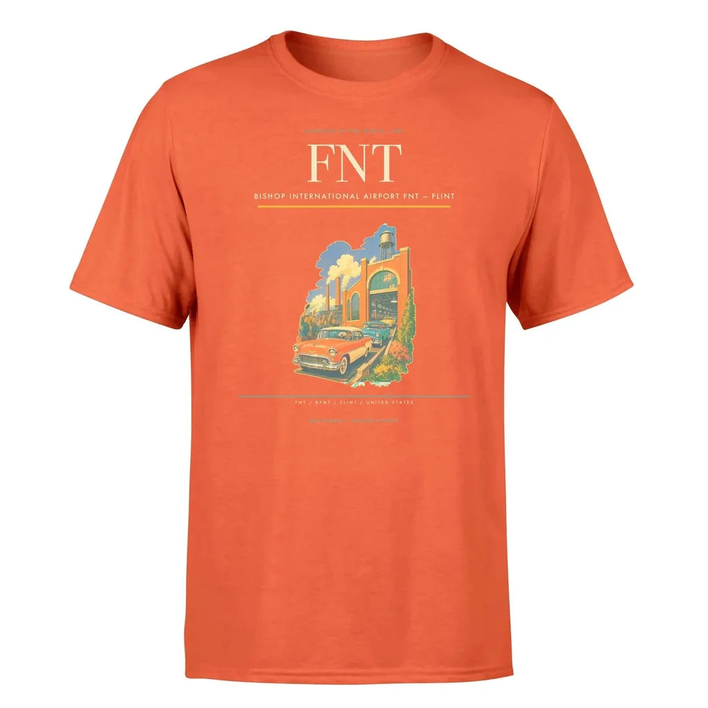 Bishop International Airport (FNT) T-Shirt single-side front print in Orange | bishop-international-airport-fnt-double-side-t-shirt