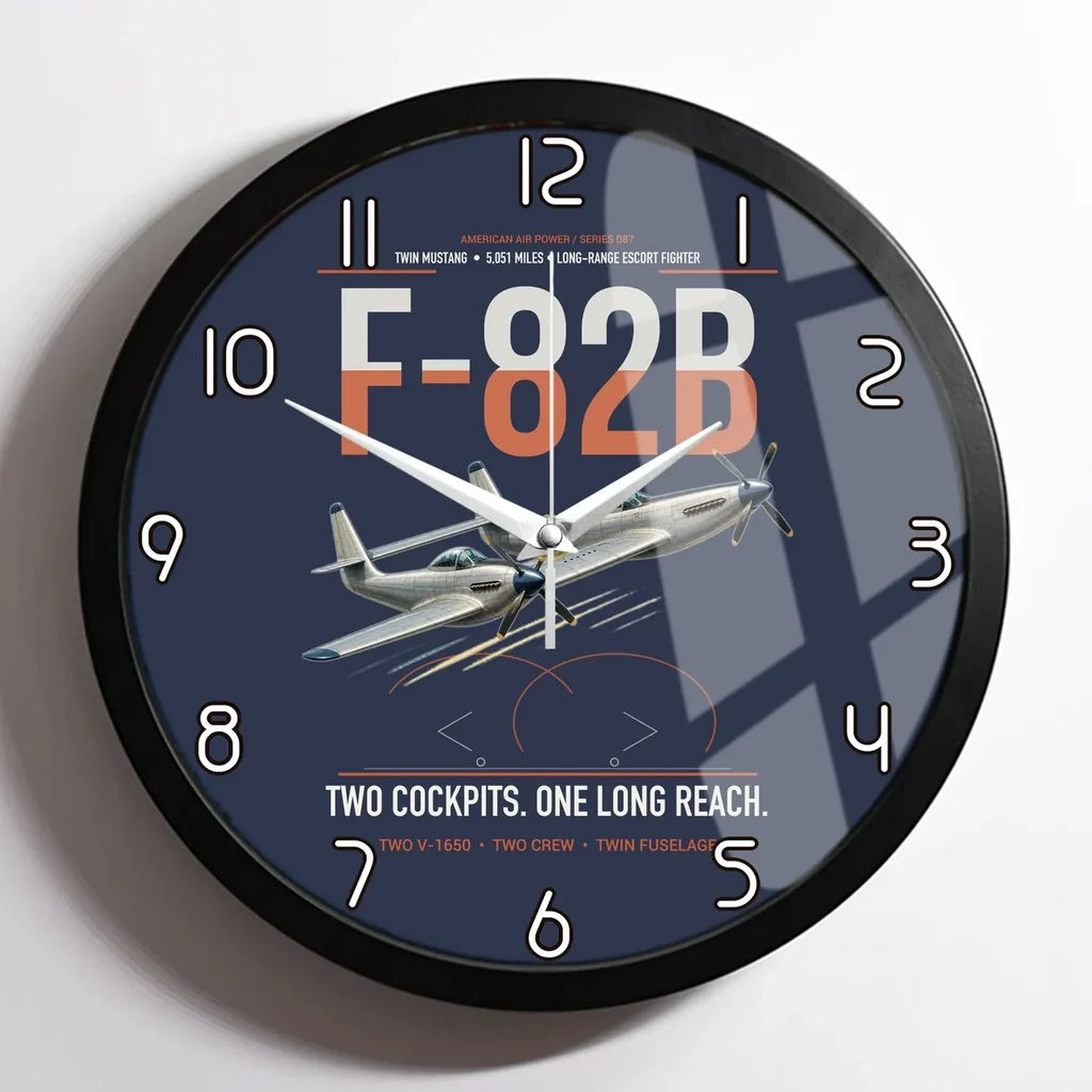 F-82B Twin Mustang design on navy blue framed wall clock
