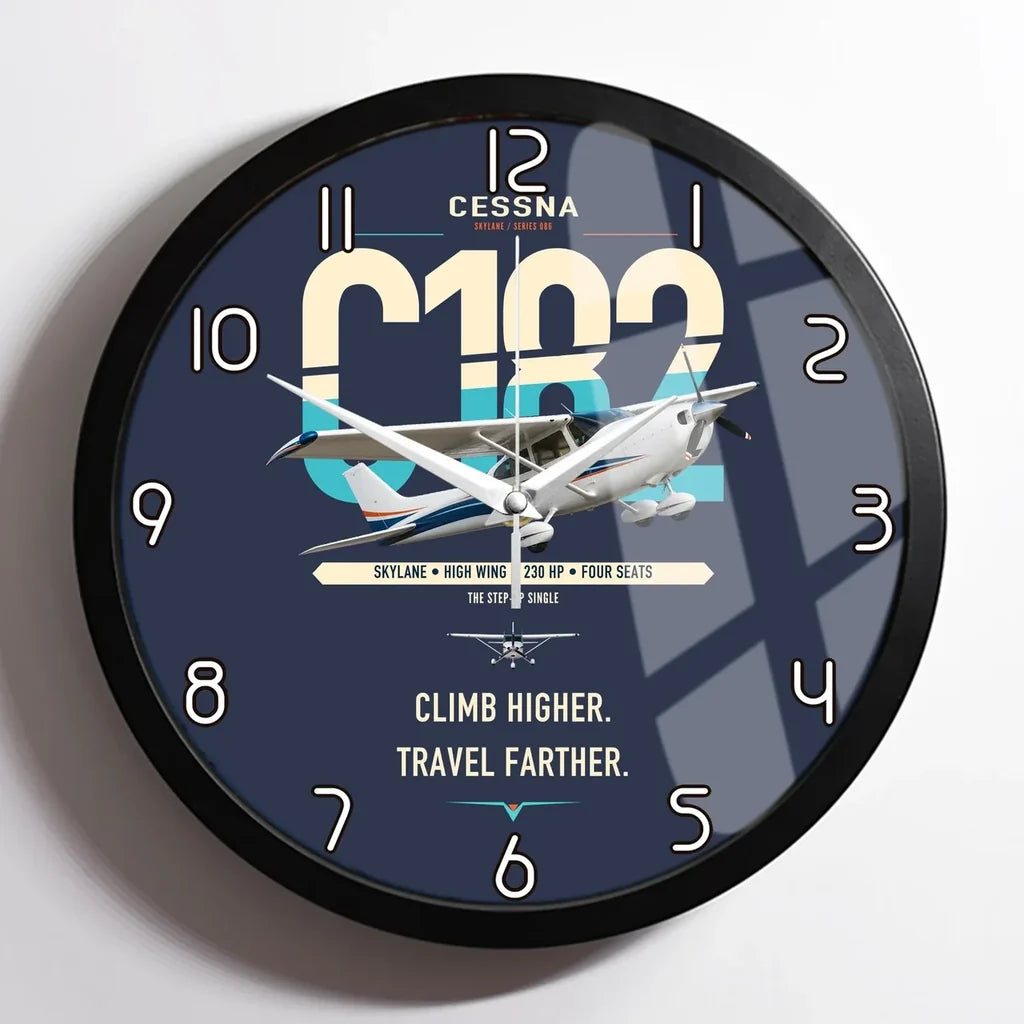 Cessna 182 Skylane design on navy blue framed wall clock