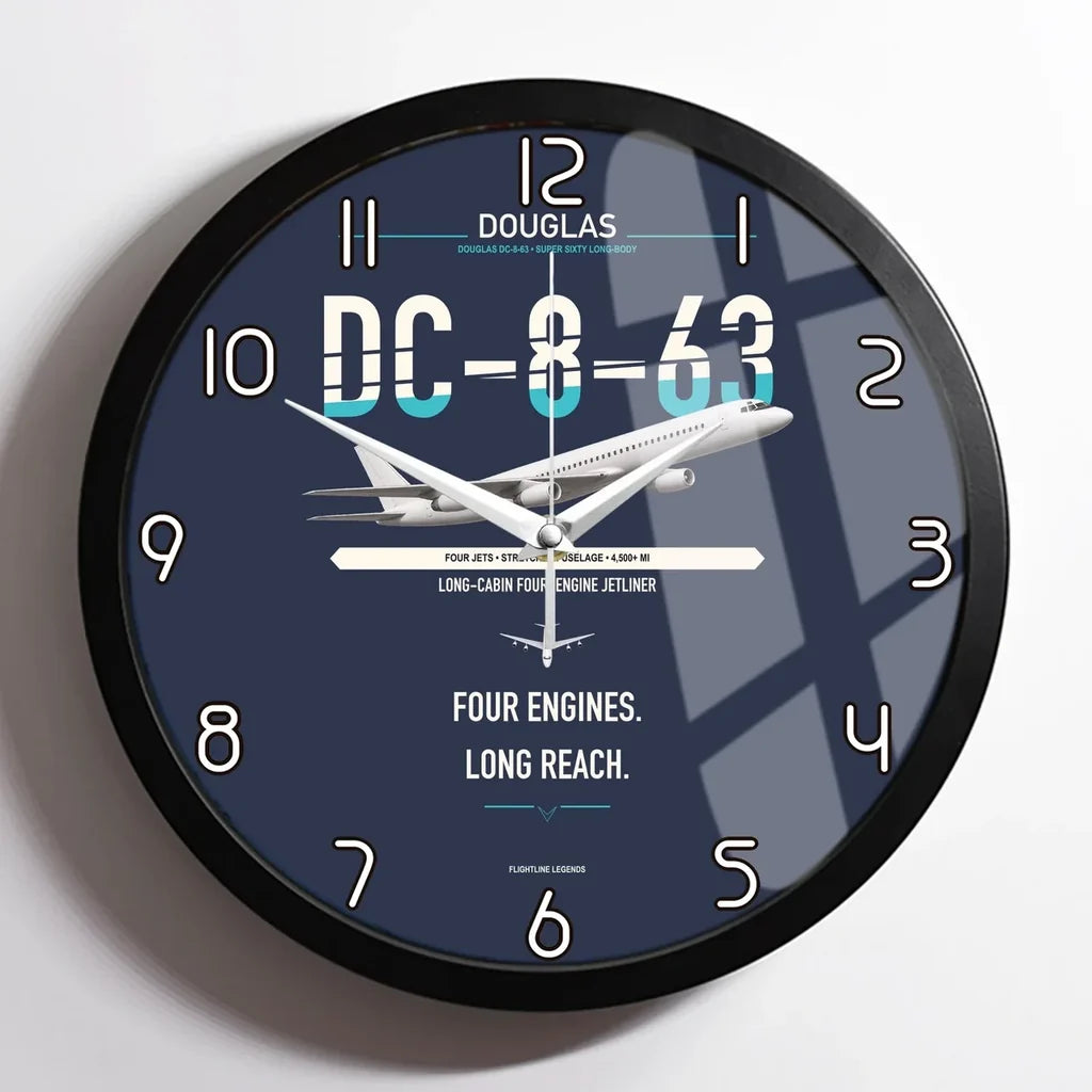 Douglas DC-8-63 design on navy blue framed wall clock