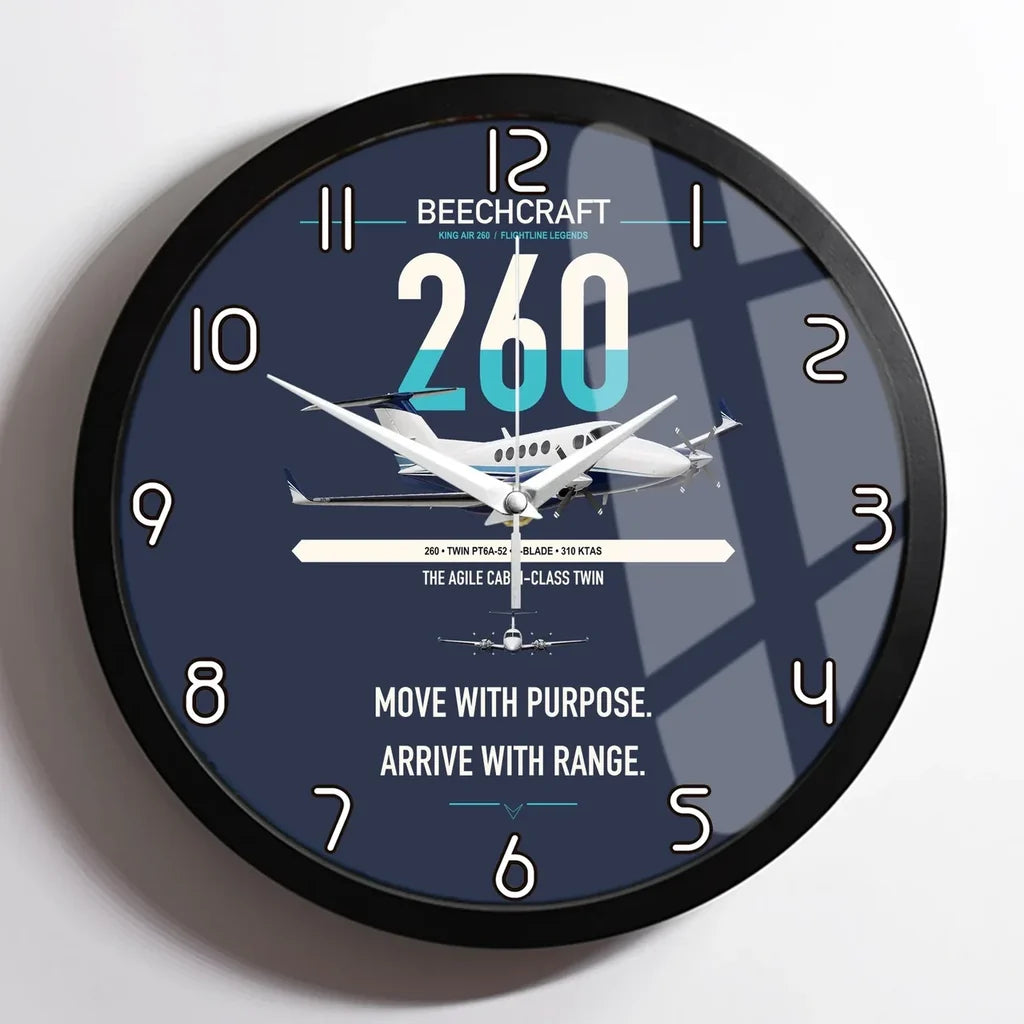 Beechcraft King Air 260 design on navy blue framed wall clock