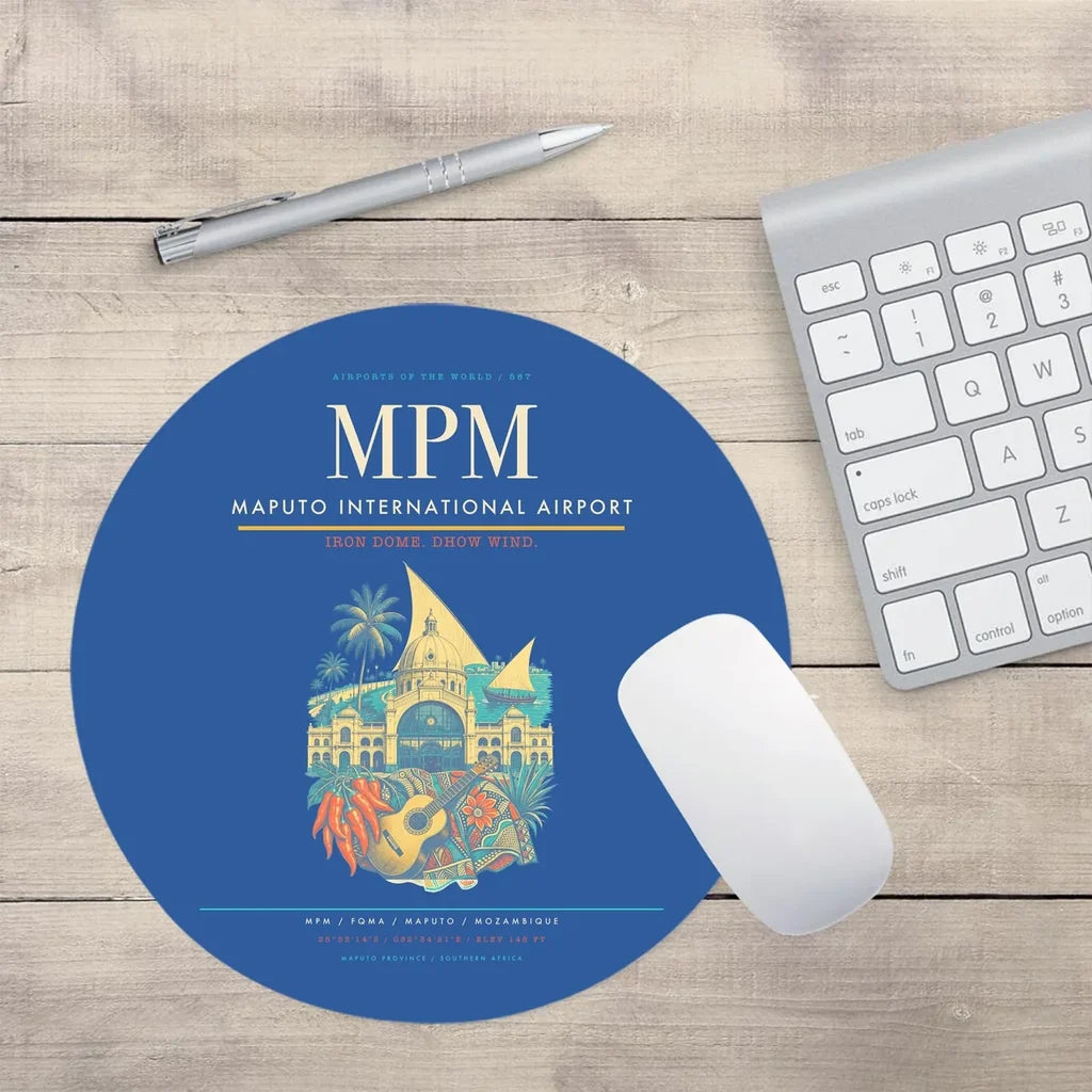 Maputo International Airport (MPM) design on blue round mouse pad