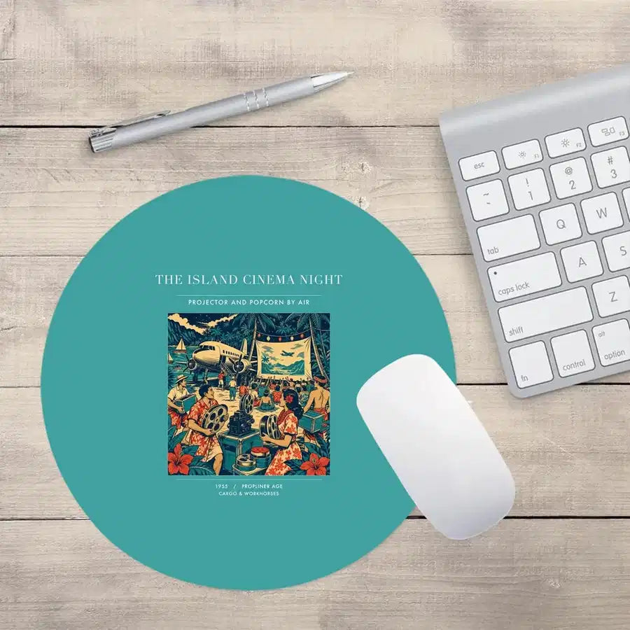 VINTAGE G4442 - The Island Cinema Night - Designed Mouse Pads design on turquoise round