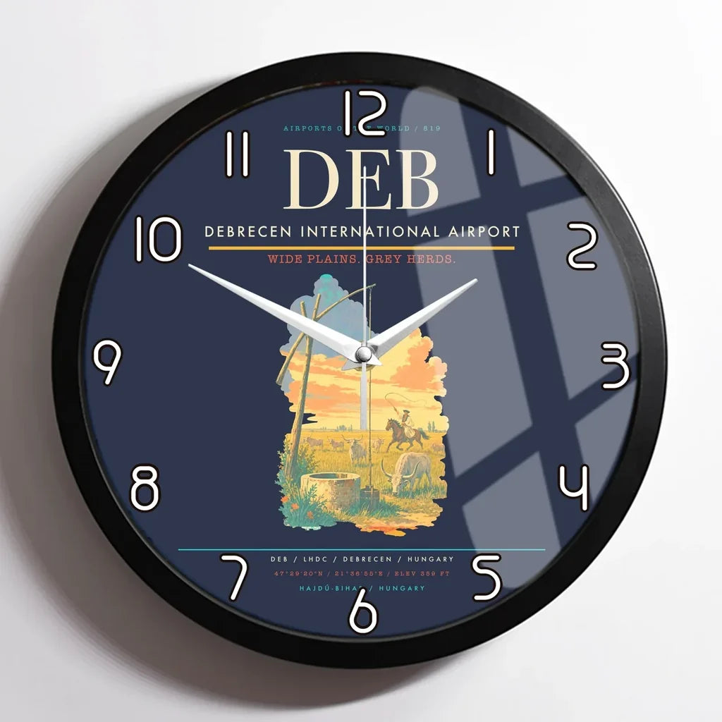 Debrecen International Airport (DEB) design on navy blue framed wall clock