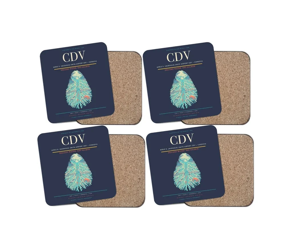 Merle K. (Mudhole) Smith Airport (CDV) design on navy blue 4 pieces set coaster