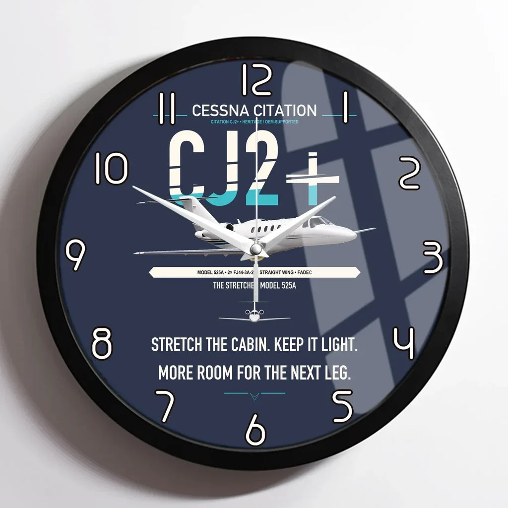 Cessna Citation CJ2+ design on navy blue framed wall clock
