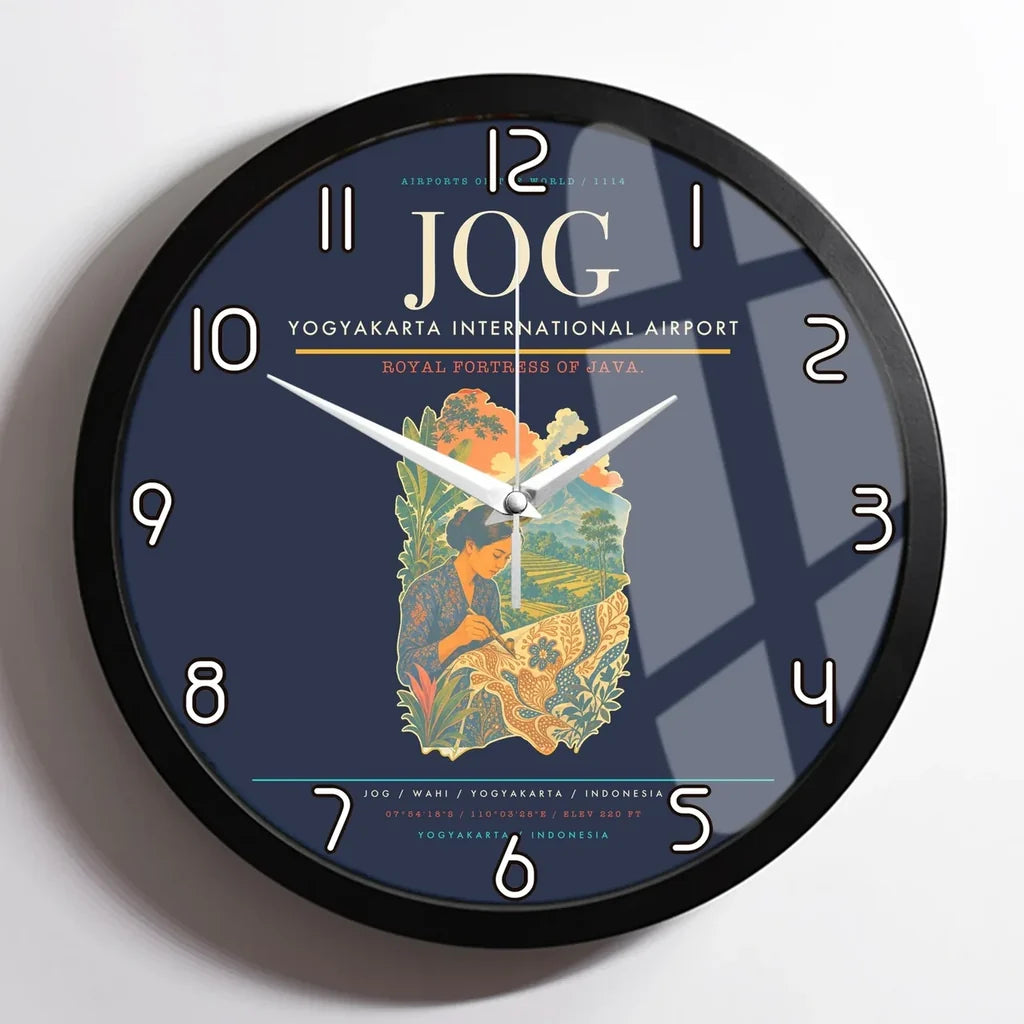 Yogyakarta International Airport (JOG) design on navy blue framed wall clock