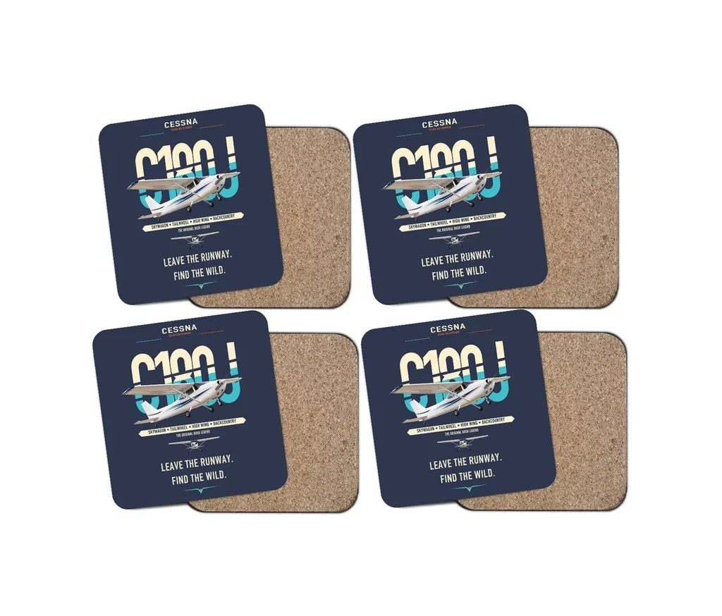 Cessna 180J Skywagon design on navy blue 4 pieces set coaster