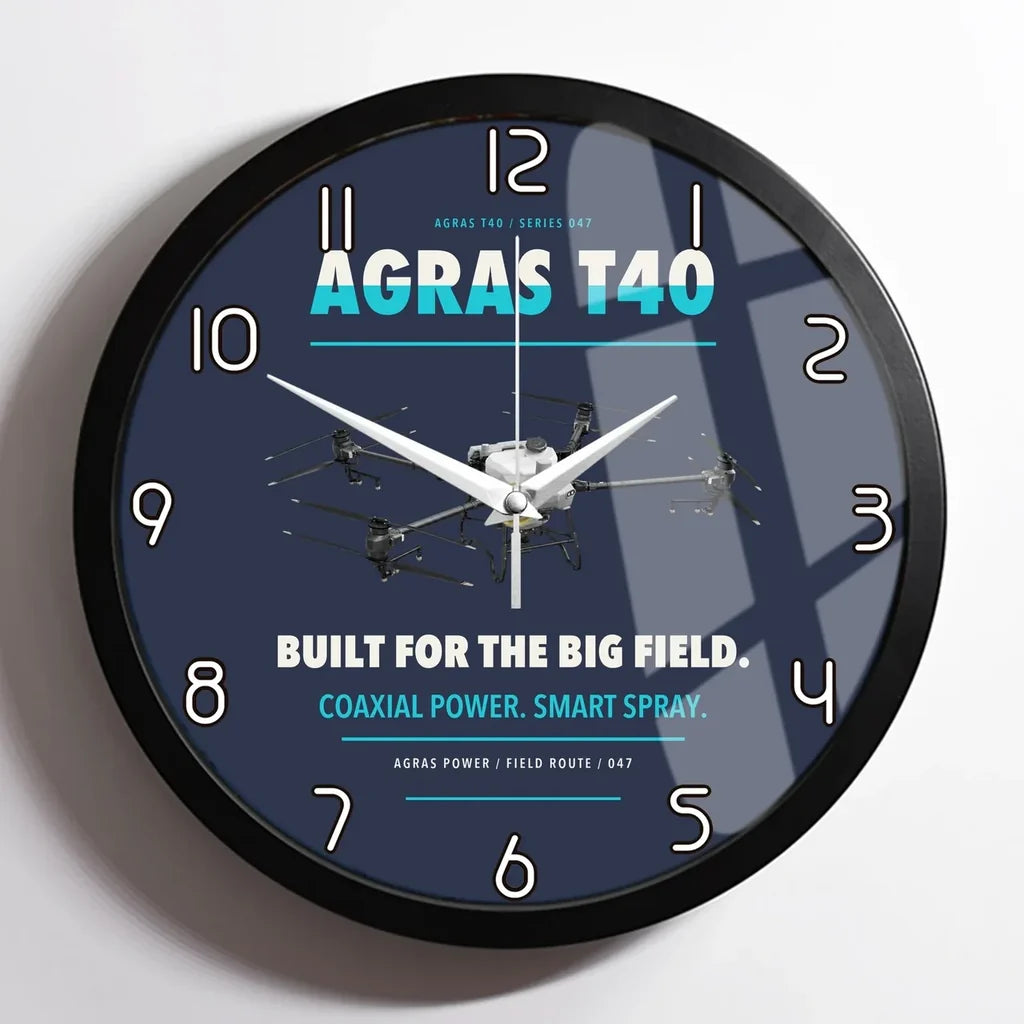 DJI Agras T40 design on navy blue framed wall clock