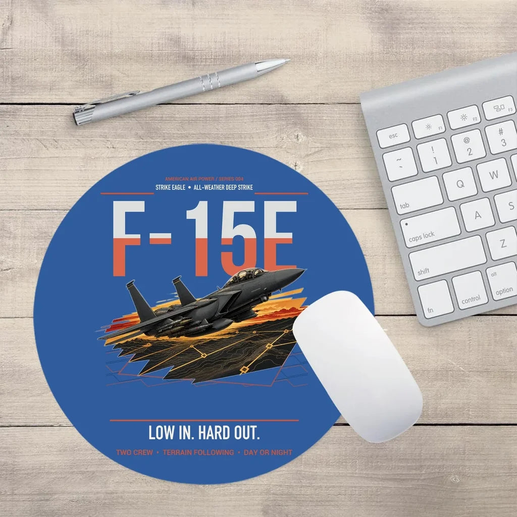 F-15E Strike Eagle design on blue round mouse pad