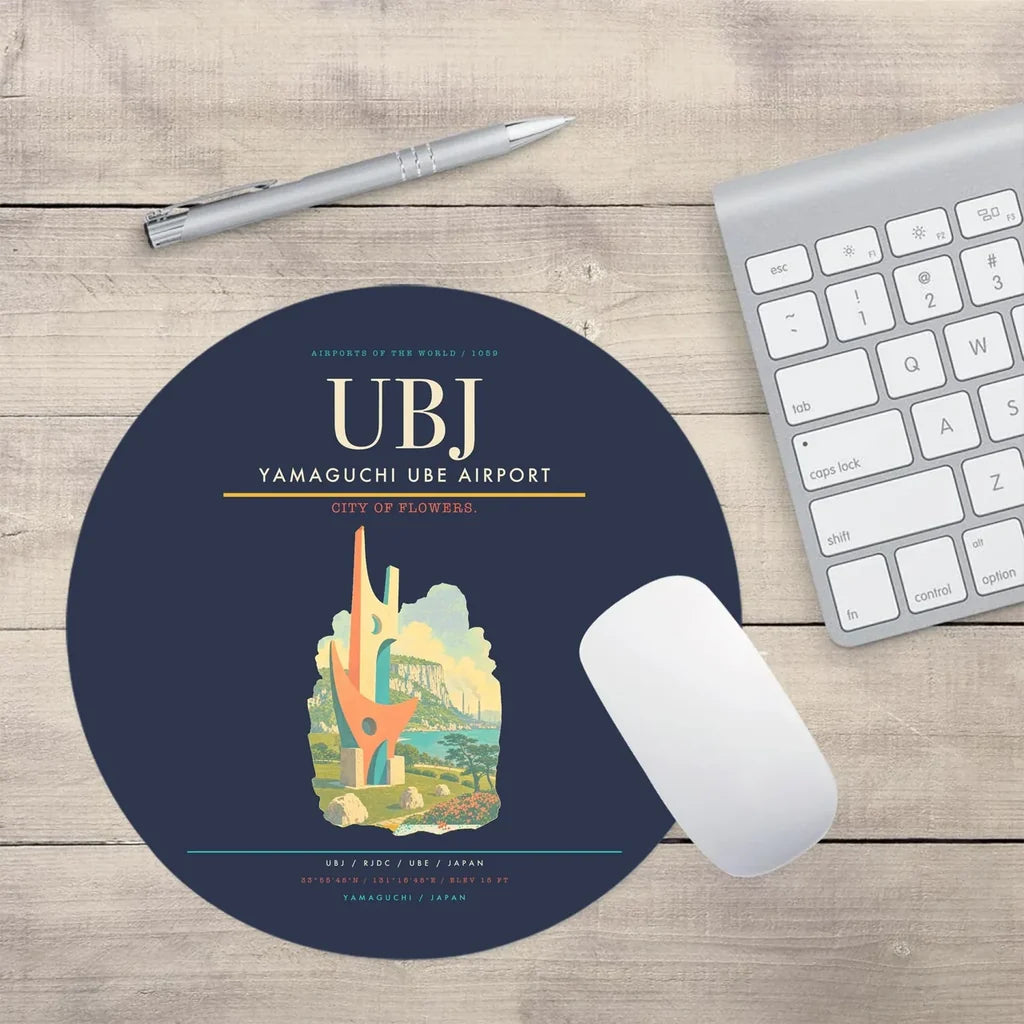 Yamaguchi Ube Airport (UBJ) design on navy blue round mouse pad