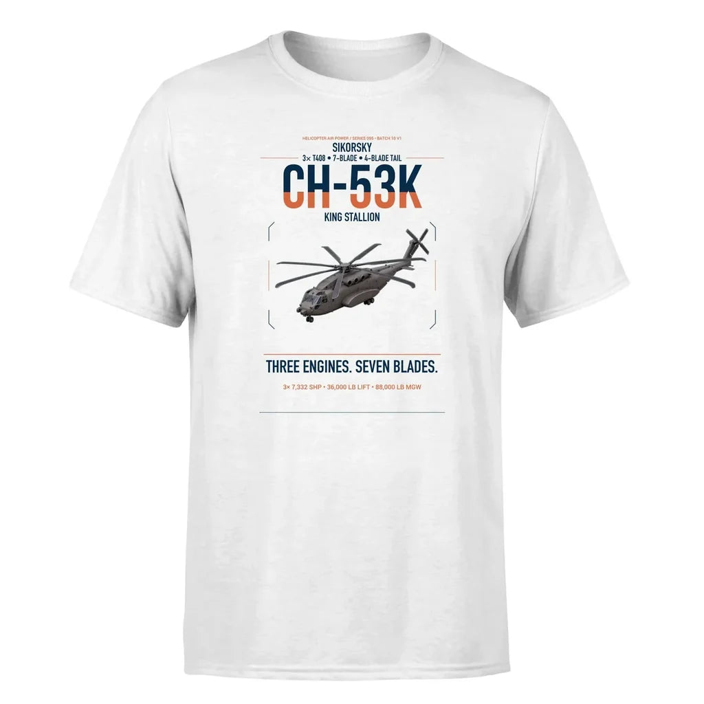 Sikorsky CH-53K King Stallion design on white t-shirt, single-side print