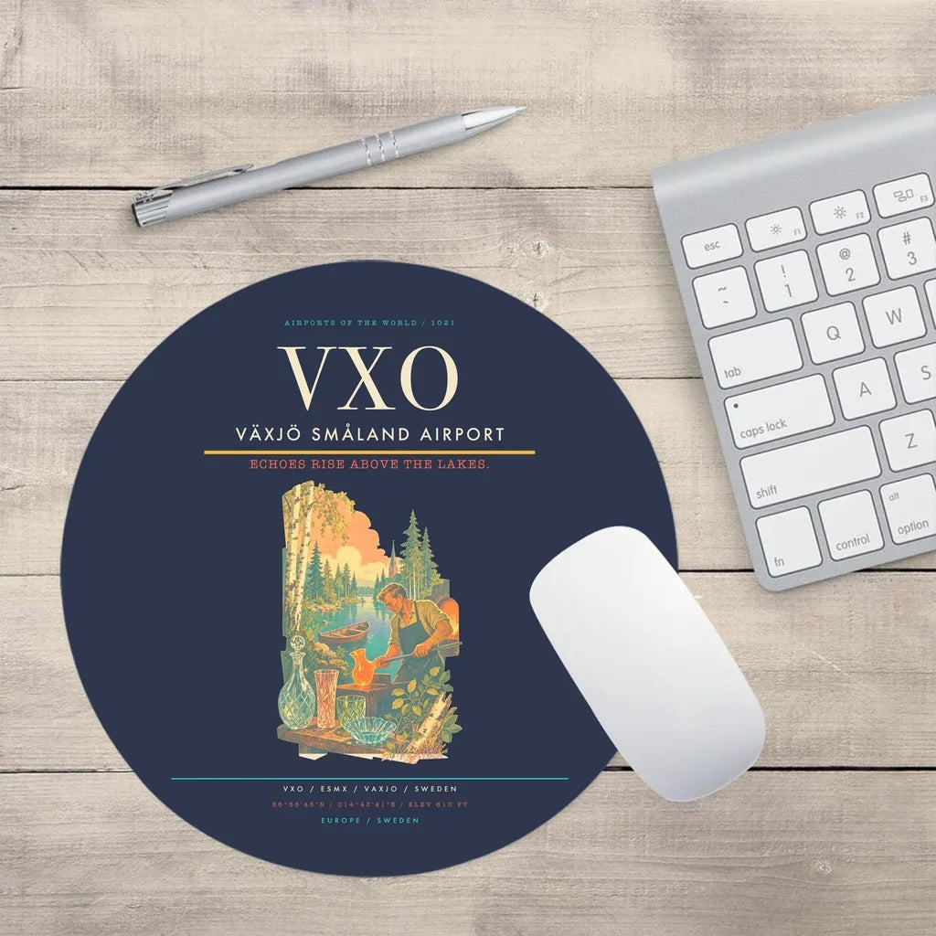 Växjö Småland Airport (VXO) design on navy blue round mouse pad