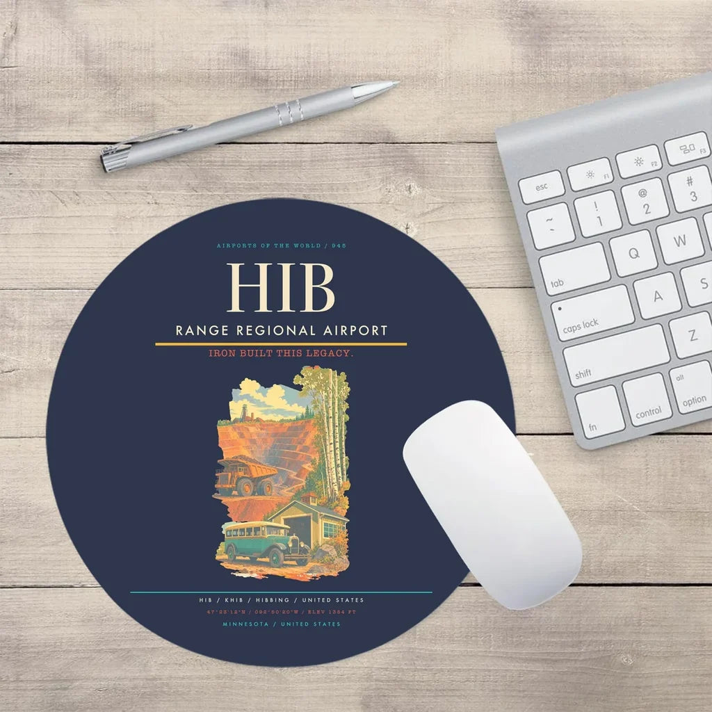 Range Regional Airport (HIB) design on navy blue round mouse pad