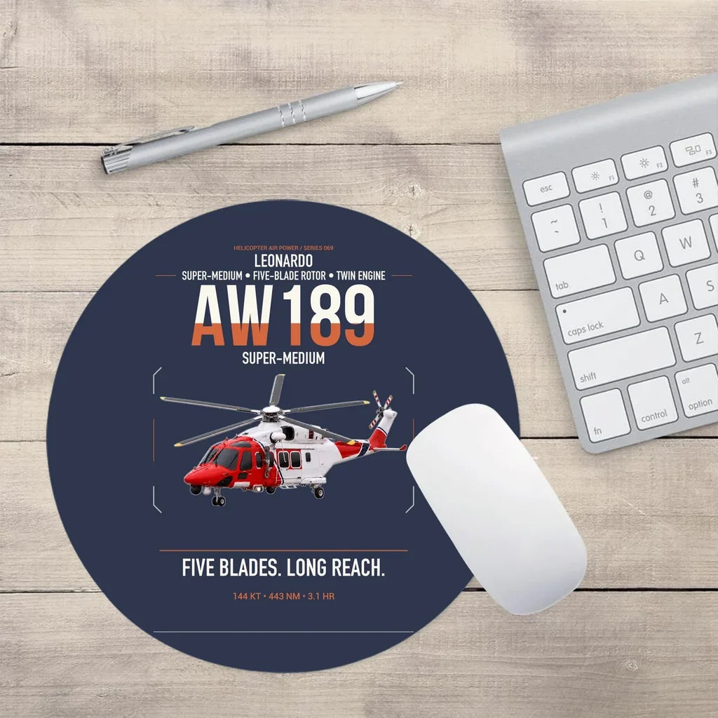 Leonardo AW189 design on navy blue round mouse pad