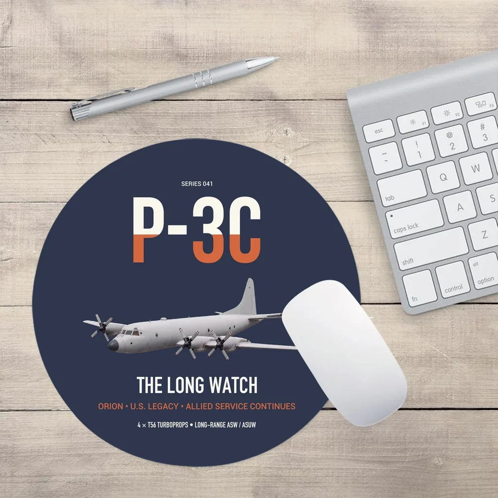 P-3C Orion design on navy blue round mouse pad