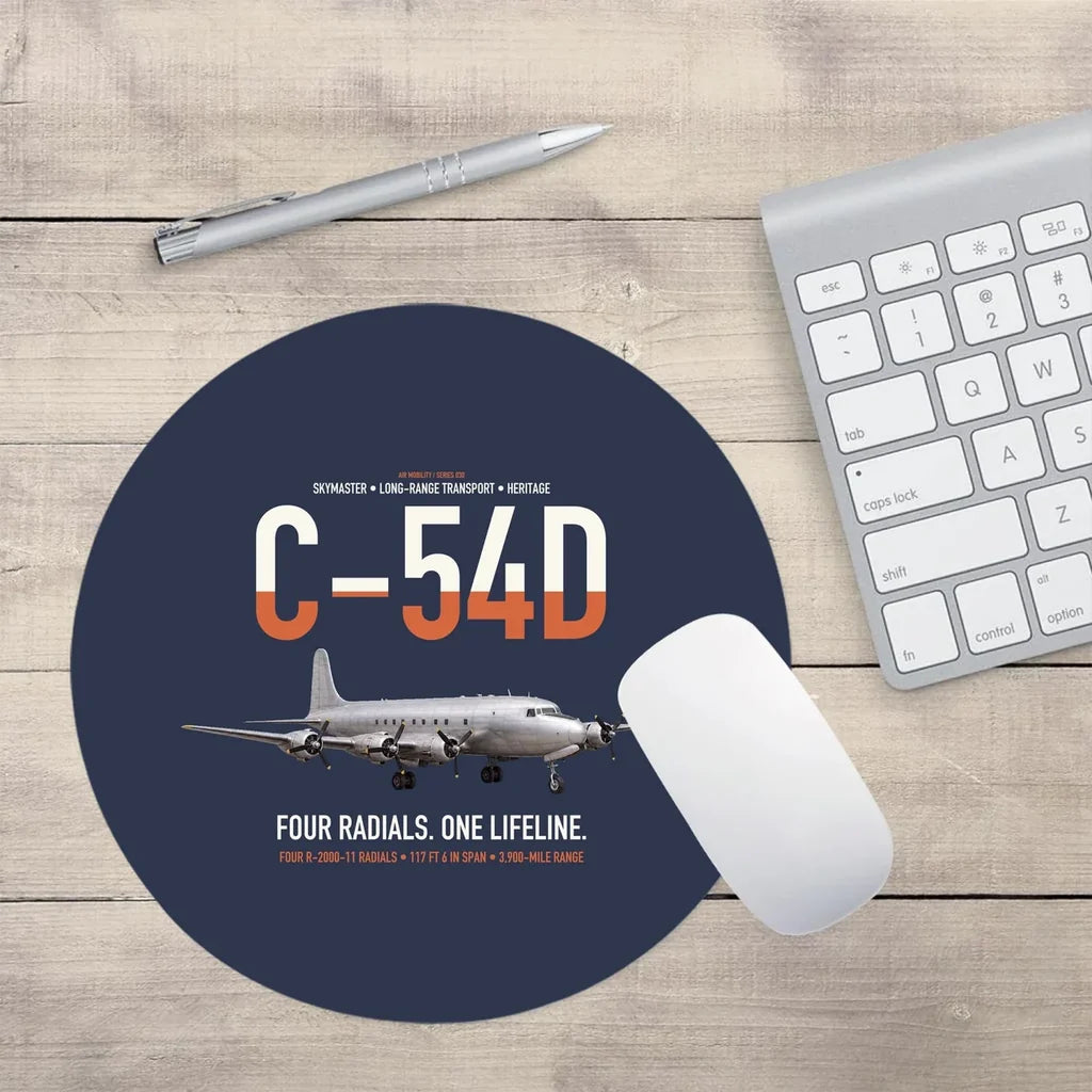 C-54D Skymaster design on navy blue round mouse pad