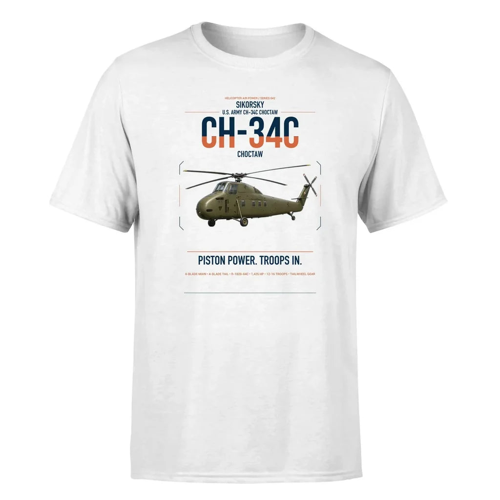 Sikorsky CH-34C Choctaw design on white t-shirt, single-side print