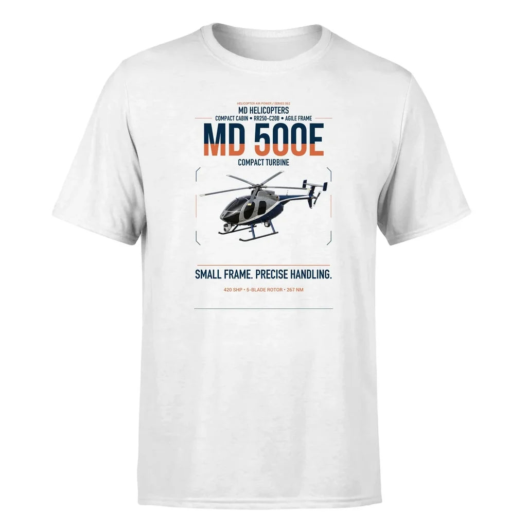 MD Helicopters MD 500E design on white t-shirt, single-side print