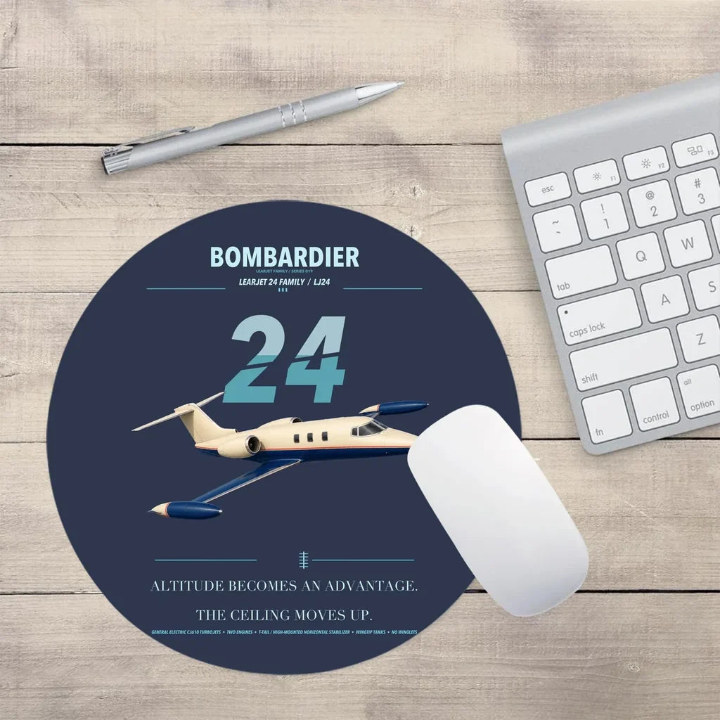 Bombardier Learjet 24 design on navy blue round mouse pad