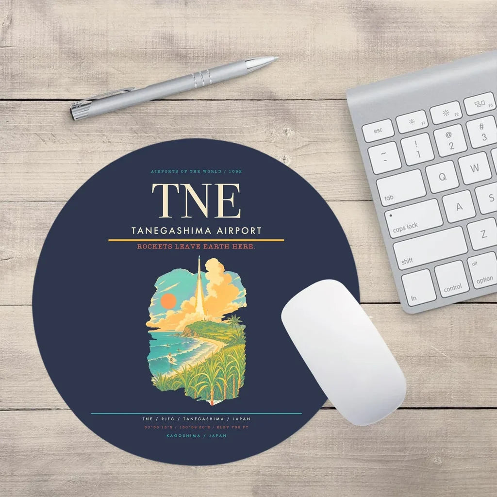 Tanegashima Airport (TNE) design on navy blue round mouse pad