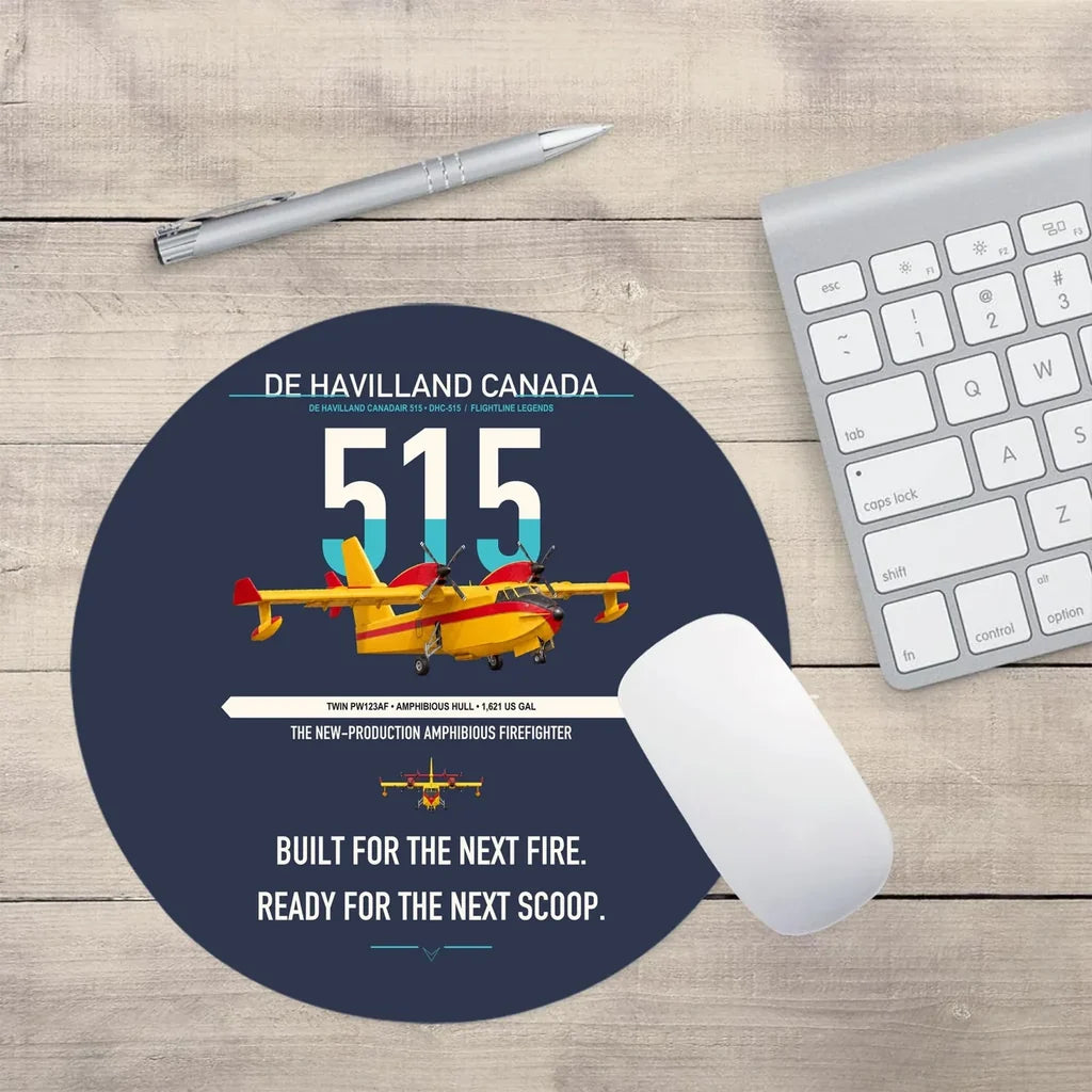 De Havilland Canadair 515 design on navy blue round mouse pad