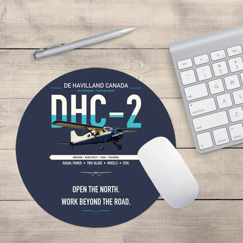 DHC-2 Beaver Mk I design on navy blue round mouse pad