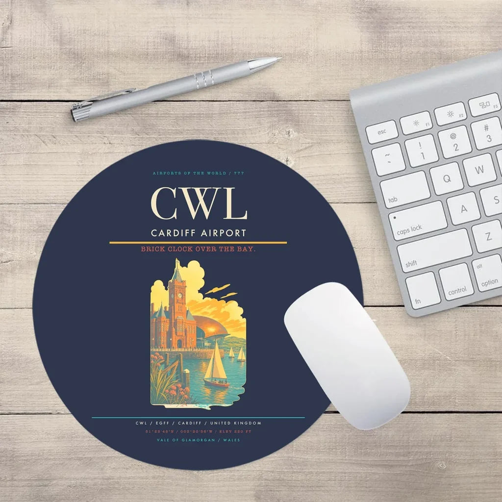 Cardiff Airport (CWL) design on navy blue round mouse pad