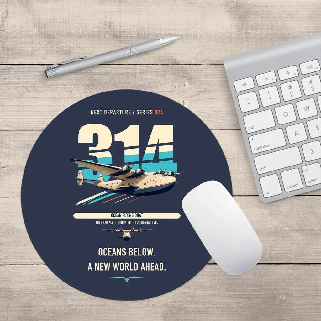 Boeing 314 Clipper design on navy blue round mouse pad