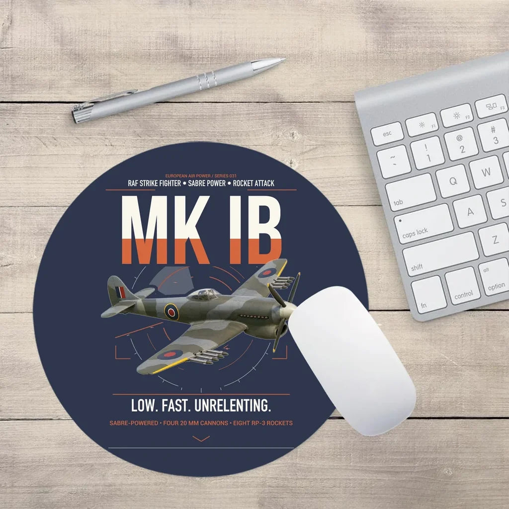 Hawker Typhoon Mk IB design on navy blue round mouse pad