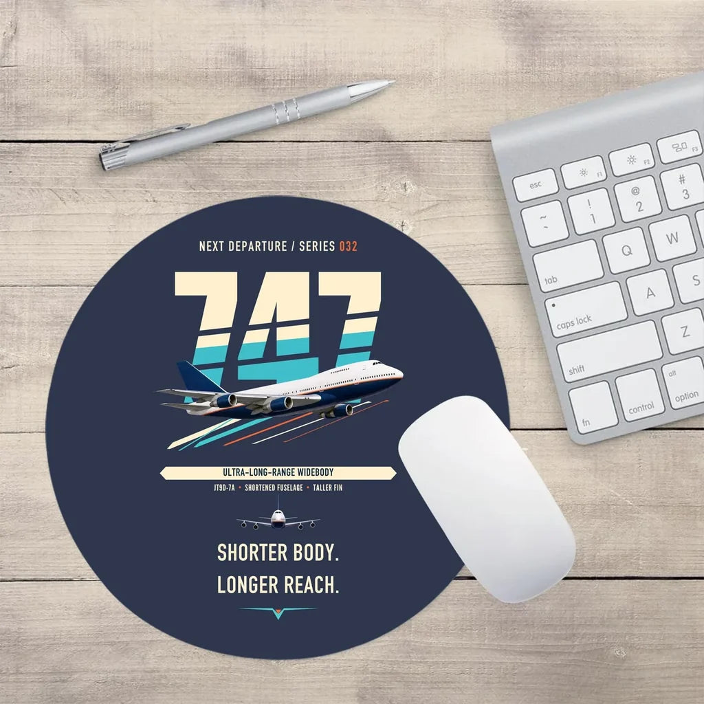 Boeing 747SP design on navy blue round mouse pad