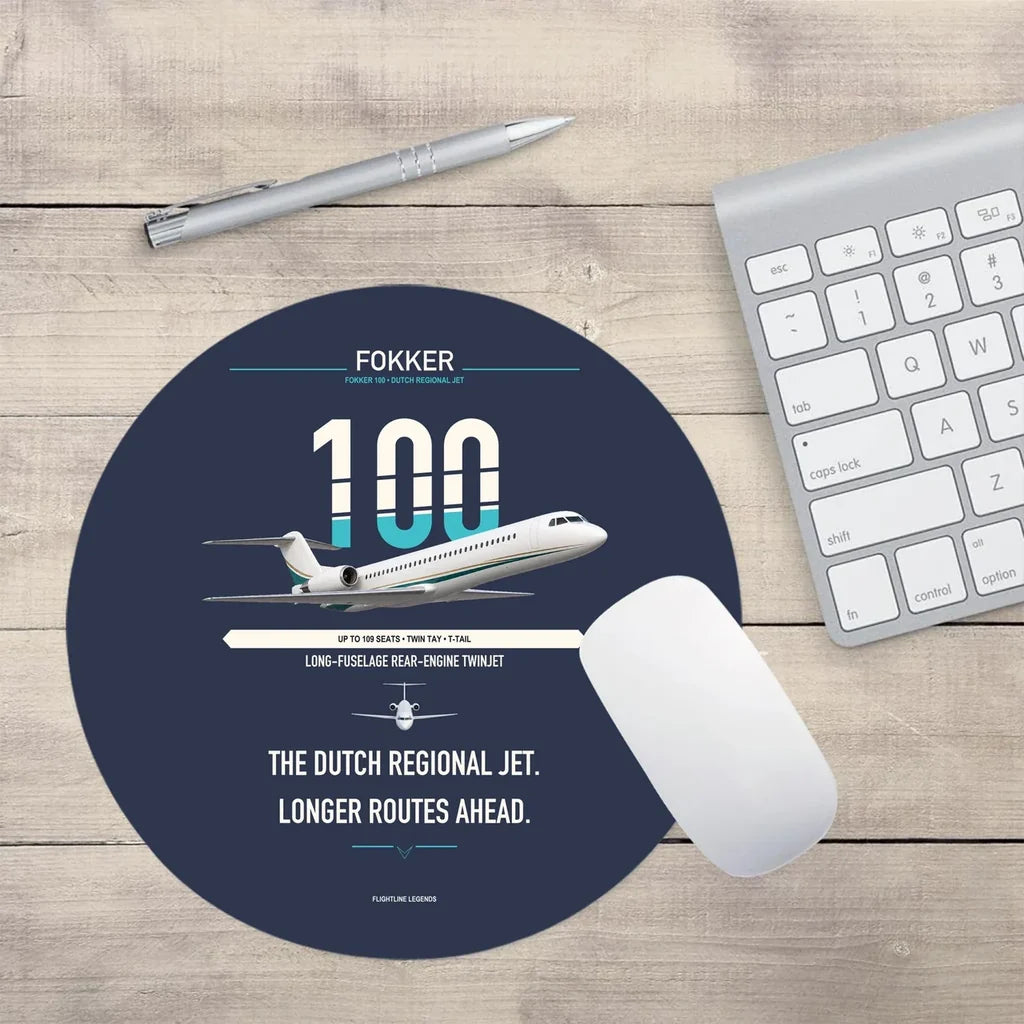 Fokker 100 design on navy blue round mouse pad