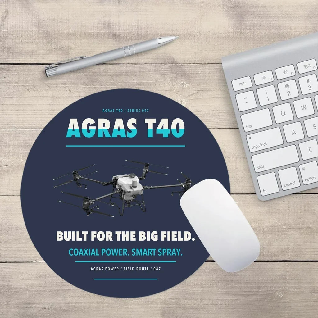 DJI Agras T40 design on navy blue round mouse pad